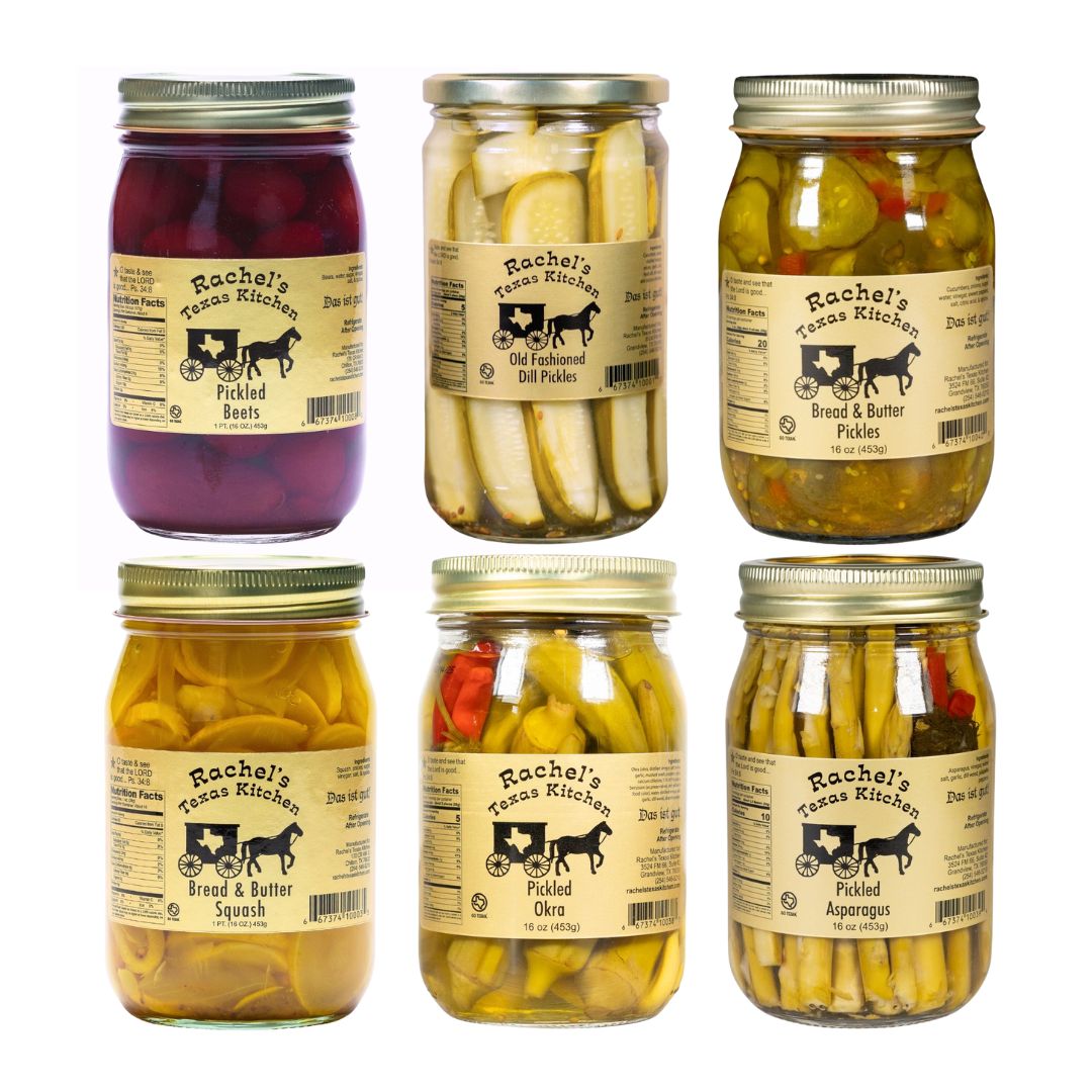 A collection of our most popular Pickled Products. The all time favorite Pickled Beets, Dill Pickles, Bread and Butter Pickles, Bread and Butter Squash, Pickled Okra, and Pickled Asparagus. 